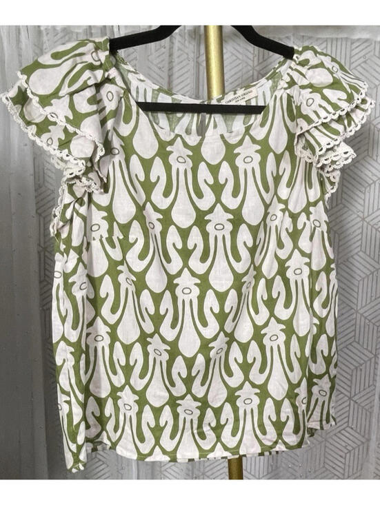 Christian Siriano Tops - Christian Siriano Linen Blend Top Women’s Green White Geometric Print Ruffle S